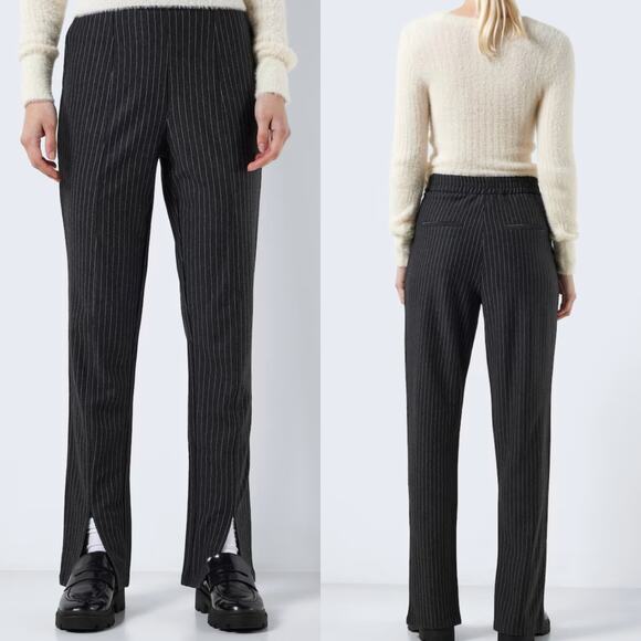 Noisy May Pants Womens XL Gray Pinstripe High Waist Pull On Split Hem Trousers - Picture 3 of 16